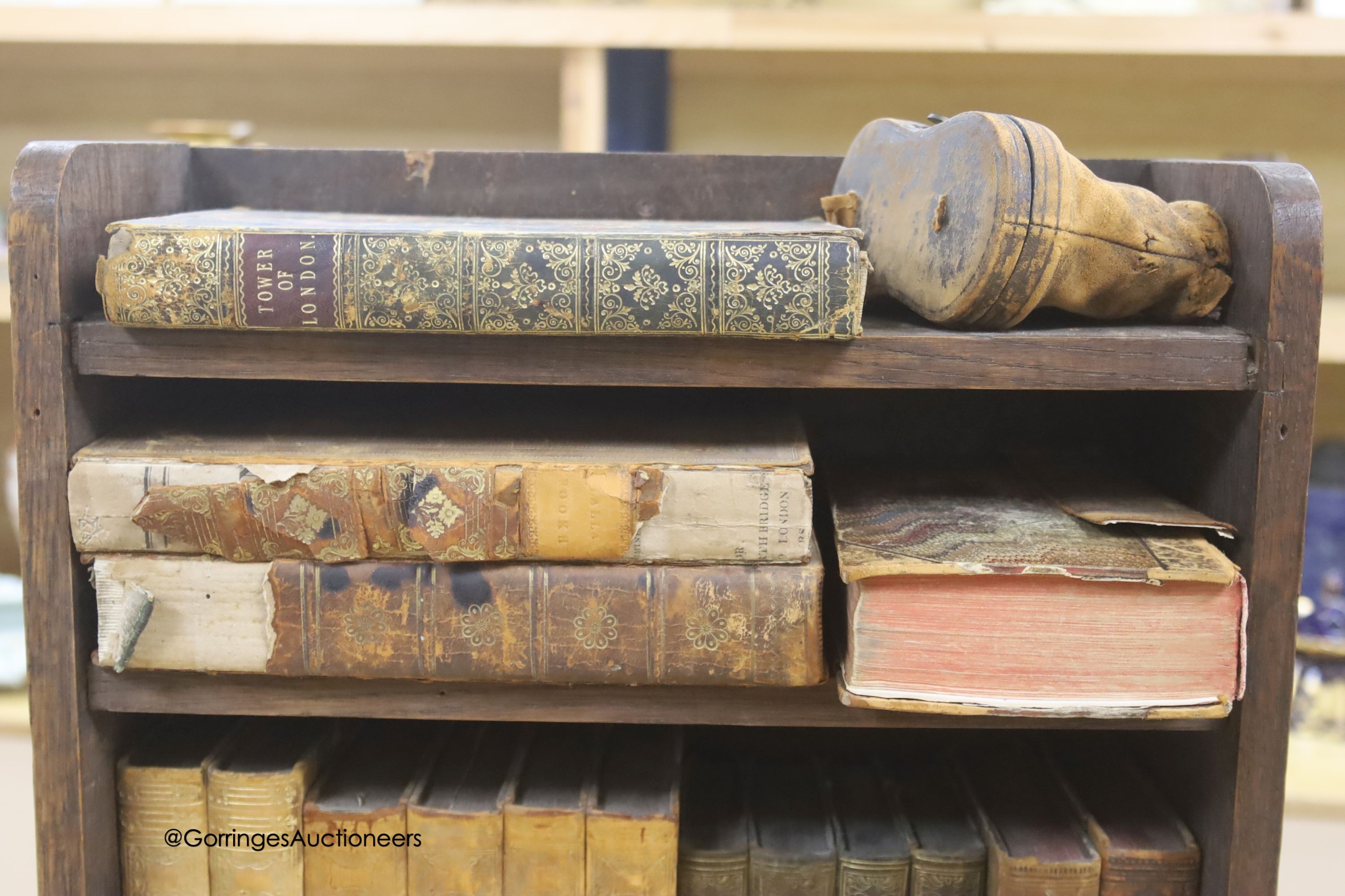 A group of 19th century leather bindings including Waverley Novels, Rob Roy, Tales of The Crusaders, etc., displayed in an oak bookcase, height 66cm